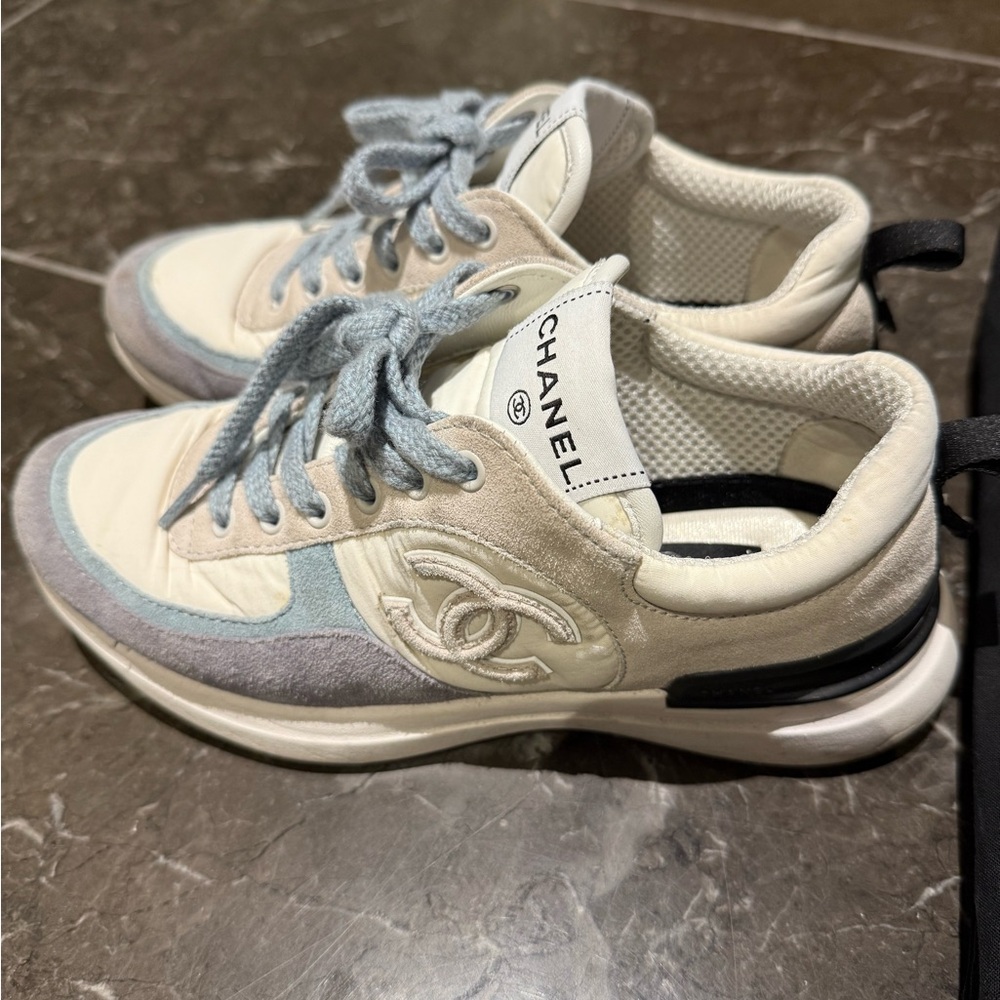 CHANEL Cream and Gray Sneakers